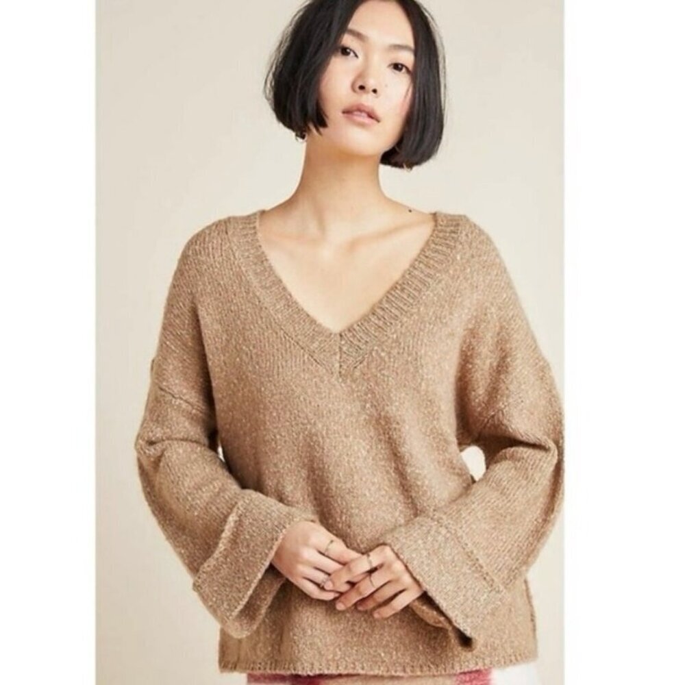 Anthropologie Maggie Wool Blend Oversized V-Neck Bell Sleeve Sweater Small